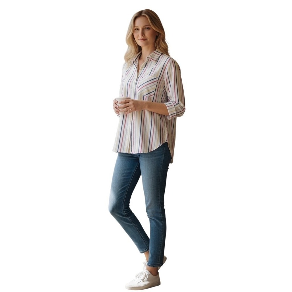 Chicos Stripe Button Front Shirt Womens L 12 Linen Blend Roll Tab Sleeve Blouse